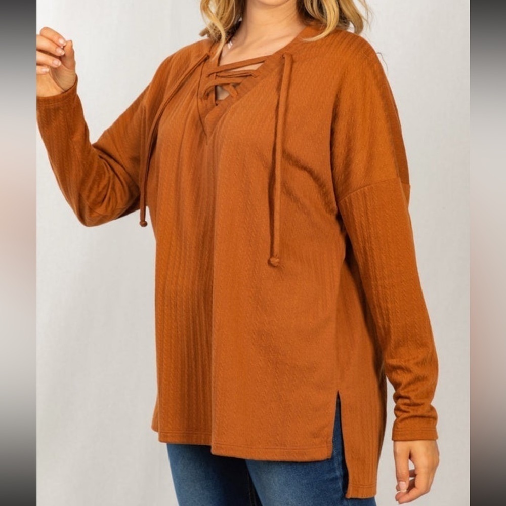 White Birch Laced V-Neck Drawstring Top, Rust colored, Size: XL